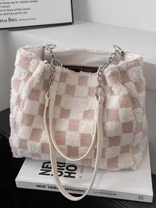 Women's Large Capacity Casual Commuter Tote Bag, Fashion Plaid Pattern Handbag, New Fall Winter Faux Fur Handbag, Fashionable Patterned Bag, Daily Fashion Choice, Checkered Pattern Bag