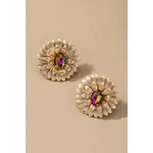 metal flower earrings with gem stone