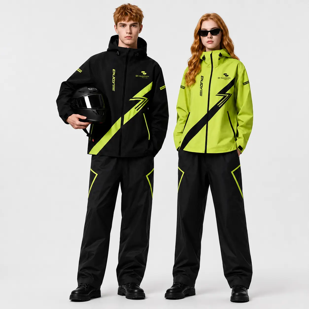 Unisex Sporty Sport Rainwear, Waterproof Breathable Hooded Jacket & Pants, Lightweight Green Gear for Motorcycle, E-Bike, Electric Scooter & Dirt Bike, Outdoor Camping Riding Essentials, Two Piece Set, Riding Wear