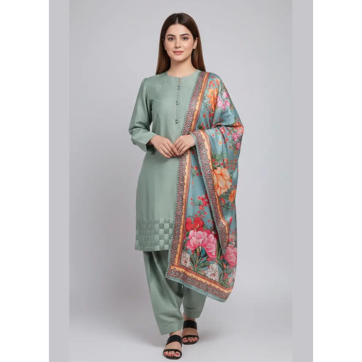 Women's 3-Piece Smooth Formal Traditional Silk Dress with Sleeves - Lady's Farshi Salwar Shalwar Outfit, Women's Clothes