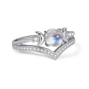 ixluck Natural Moonstone Triple Moon Godness Ring Wicca healing Jewelry Ethereal Glow Calm Emotions  Non Tarnish Rings Polished Gemstone Jewelsring