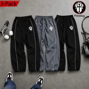 3-piece set, unisex quick-dry parachute pants; Y2K street jogger pants with drawstring cuffs; striped cross shield print casual sports jogging pants. Lightweight, breathable summer long pants—fashionable unisex streetwear for everyday wear, comfortable.