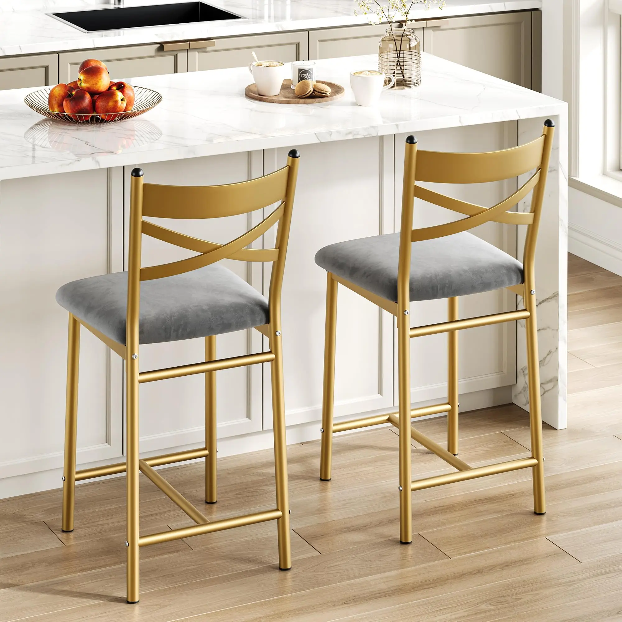 Garvee 26" Counter Height Bar Stools Set of 2 with PU Upholstered Seats, Metal Frames, X-Design Backrests, and Footrests for Kitchen Island, Counter Bar, and Dining Room in Elegant Gold