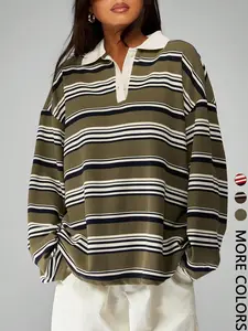 Vintage Casual Comfortable Stylish Loose Fit Striped Collared Long Sleeve T-Shirt for Daily Commute and Dating