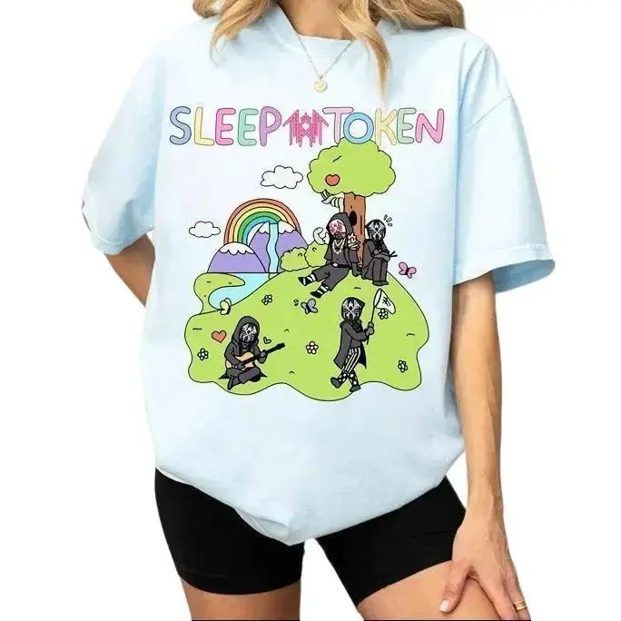 Sleep Token Cartoon T-Shirt , Adorable Rainbow Scene with Masked Band Characters , Ideal for Music Fans with Whimsical Style , Unisex Fun Tee , Band Merch Gift