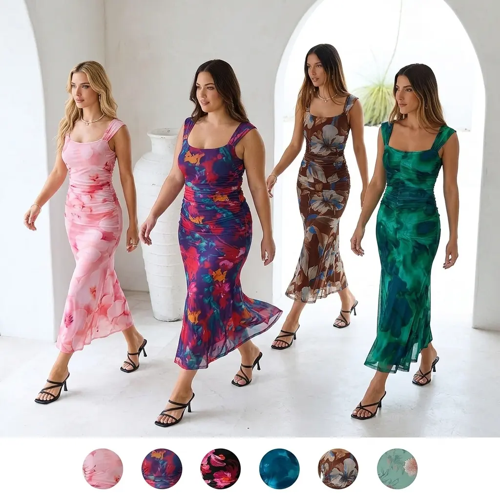 FEITAI Women's Floral Mesh Tank Sleeveless Ruched Bodycon Maxi Dress - Sexy Formal Party Wear for Spring Summer