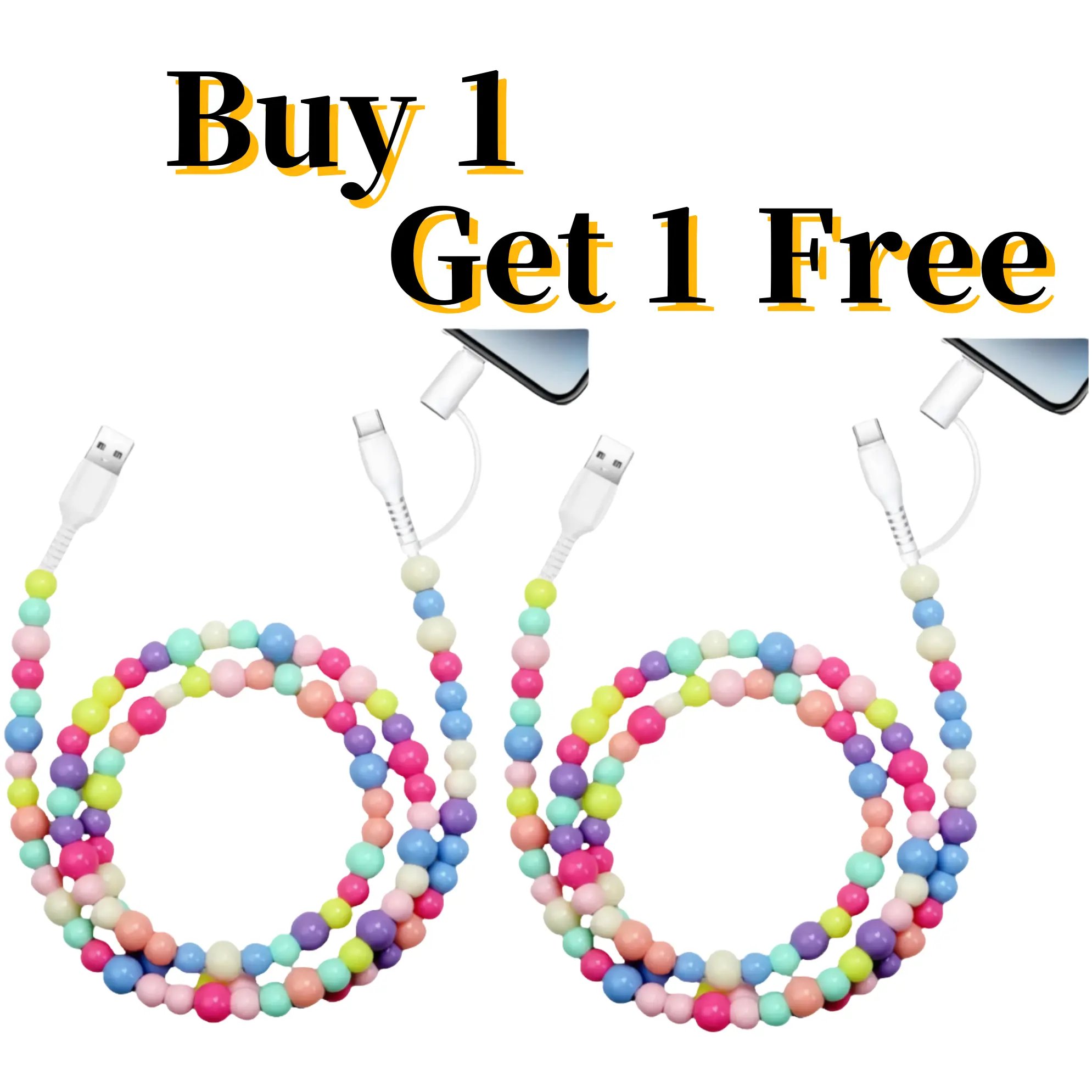 【Buy 1 Get 1 Free】Pearl-Decorated Charging Cable - Compatible with All Devices USB-C and Lightning Interface 2-in-1 Data Cable, 3.3 Feet Long, Ideal for Women's Fast Charging, Available in Multiple Colors