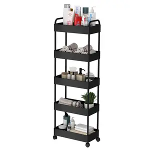 5-Tier Slim Storage Trolley on Wheels, Plastic Slide Out Rolling Utility Cart with Handle, Mobile Shelving Unit, Narrow Shelf Unit Storage Rack for Kitchen,Laundry Room,Bedroom,40Tx22Bx114.5h Cm