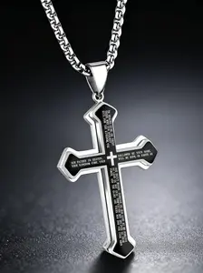 【FathersDayGift】Men's Durable Stainless Steel Lord's Prayer Crucifix Necklace - Engraved Bible Verse Pendant, Waterproof Decorative Cross Statement Chain Jewelry, Ideal Christian Gift for Males, Crucifix Necklaces