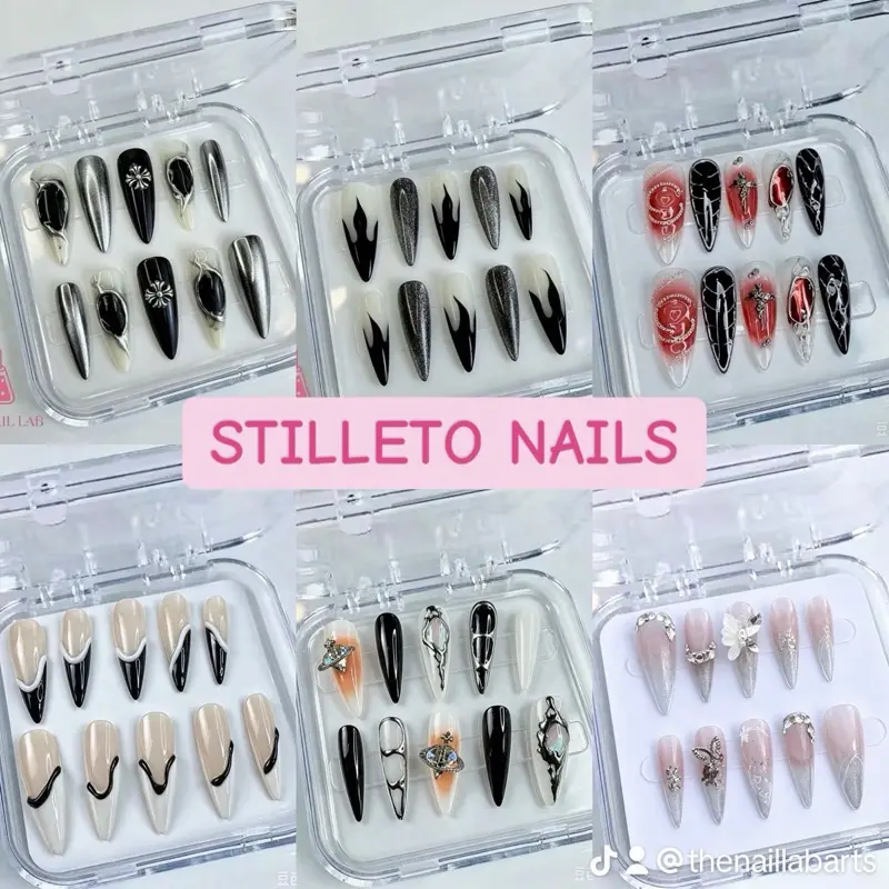 The Nail Lab LONG STILETTO Press on Nails 10pcs Black Chrome Glossy 3D Acrylic with Rhinestones for Salon Quality at Home Use