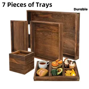7 Split Solid Trays, Vintage Elegance, Rustic Trays with Handles, Rectangular Party Trays, Fruit Trays, Tea Trays for Placing Large and Small Items, Snacks, Tea, Coffee, Desserts, Durable Kitchen or Living Room Decoration Trays