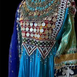 Afghan Clothing - Traditional Blue and Gold Embellished Fabric with Coin Decorations