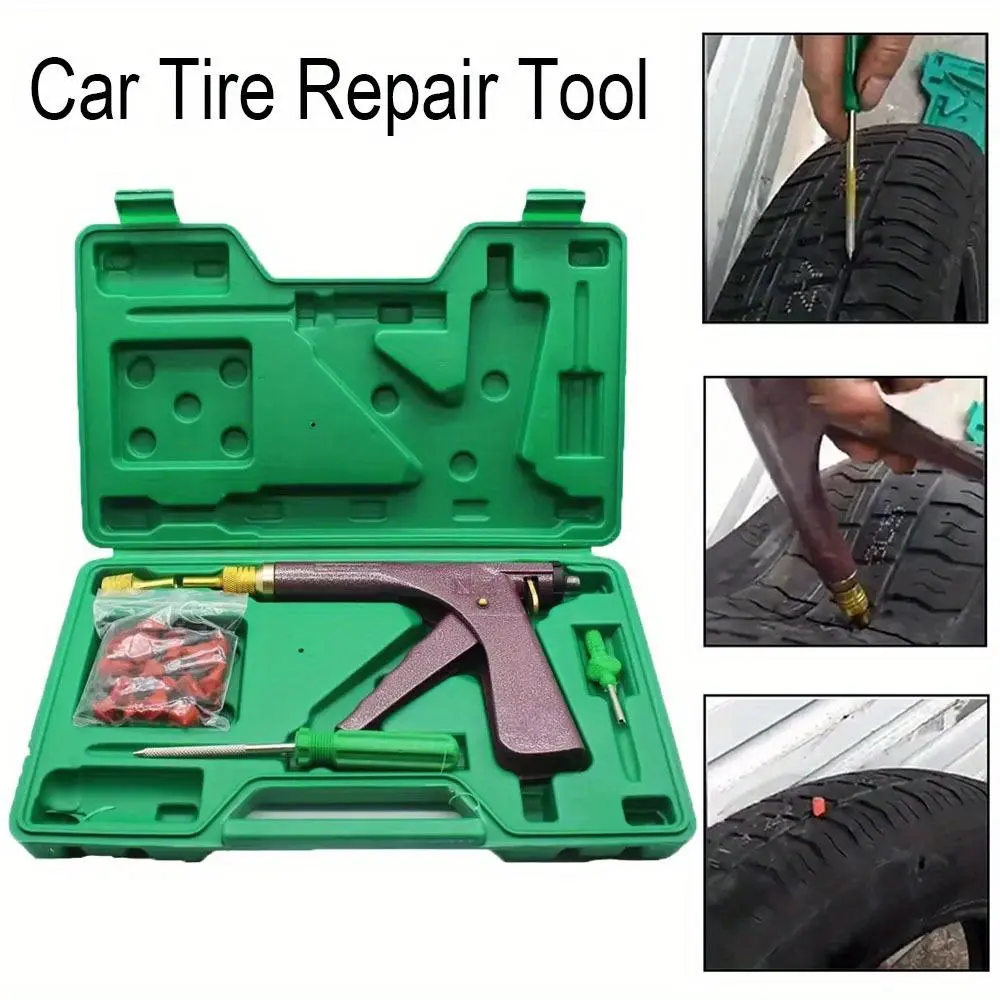 Flat Tire Repair Kit for Cars & Motorcycles, Automotive Tool Set with Puncture Fix Gun, Mushroom Plug, Probe Nozzle, Tire Plugs, Repair Gun, Car Owners, Tubeless Tyre Repair Tools & Kits