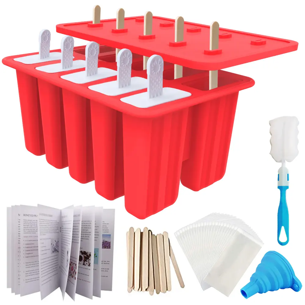 WIBIMEN Full Silicone Lolly & Ice Cream Moulds - 10PCS Heat-Resistant Food-Grade Non-BPA Kitchen Utensils Ice Pop Maker, 50 Sticks, 50 Bags, 10 Reusable Sticks, Funnel, Brush, Recipes - Red (Child-Favorite Summervibes), Heat-Resistant Silicone Lolly & Ice