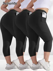 【Plus Size】 Solid Color Pocket Skinny Capri Leggings, Casual Comfy Breathable High Waist Capri Leggings for Daily Wear, Women's Bottoms for Summer