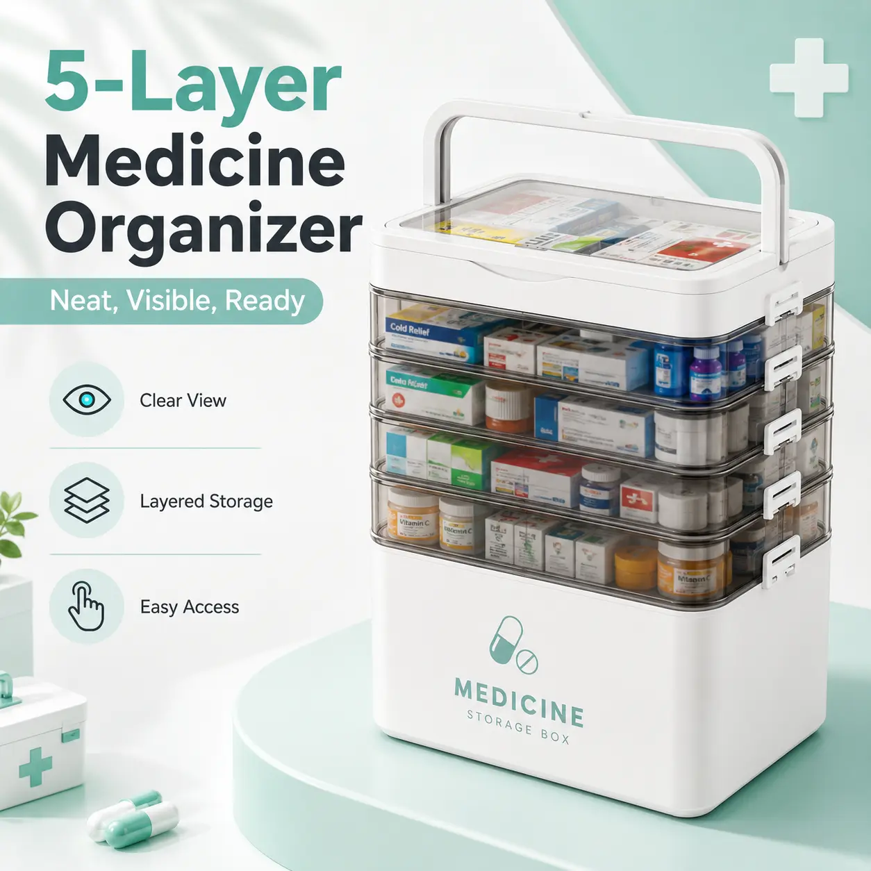 5-Tier Reusable Home First Aid Medical Kit - Large Capacity 5-Layer Storage Box for Family Emergencies, Compact Multi-Use International Travel Organizer with Free Pill Case
