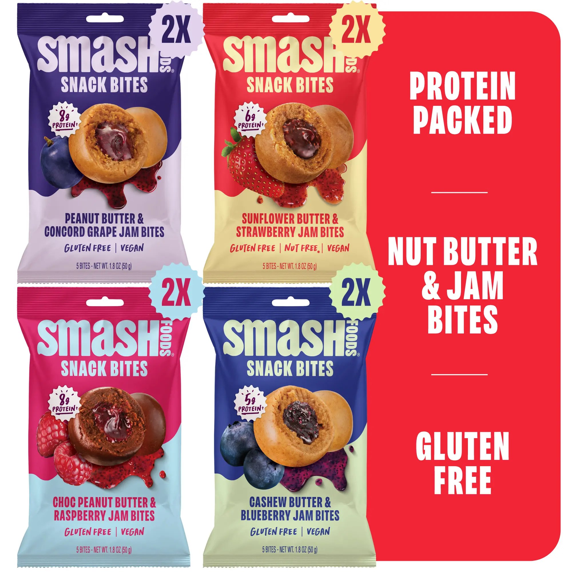 Bites Only Variety 8-Pack – Peanut Butter, Chocolate, Cashew & Sunflower Jam Bites! 2 of Each Flavor! Snack Protein Snack Protein Sweet