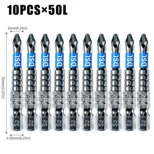 Professional PH2 Phillips Screwdriver Bits with Serrated Anti-Slip Tip – 1/4" Hex Shank, 2" (50mm) Long Impact-Grade Design – Magnetic Cross Bits for Industrial Power Drills, Ideal for Removing and Fastening Screws in Heavy-Duty Applications