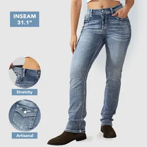 Flamingals Flap Pocket Back Wash High Stretch Mid Waist Skinny Jeans Womenswear Denim Bottoms Fitted Pants Chic Comfort Blue Fashionable