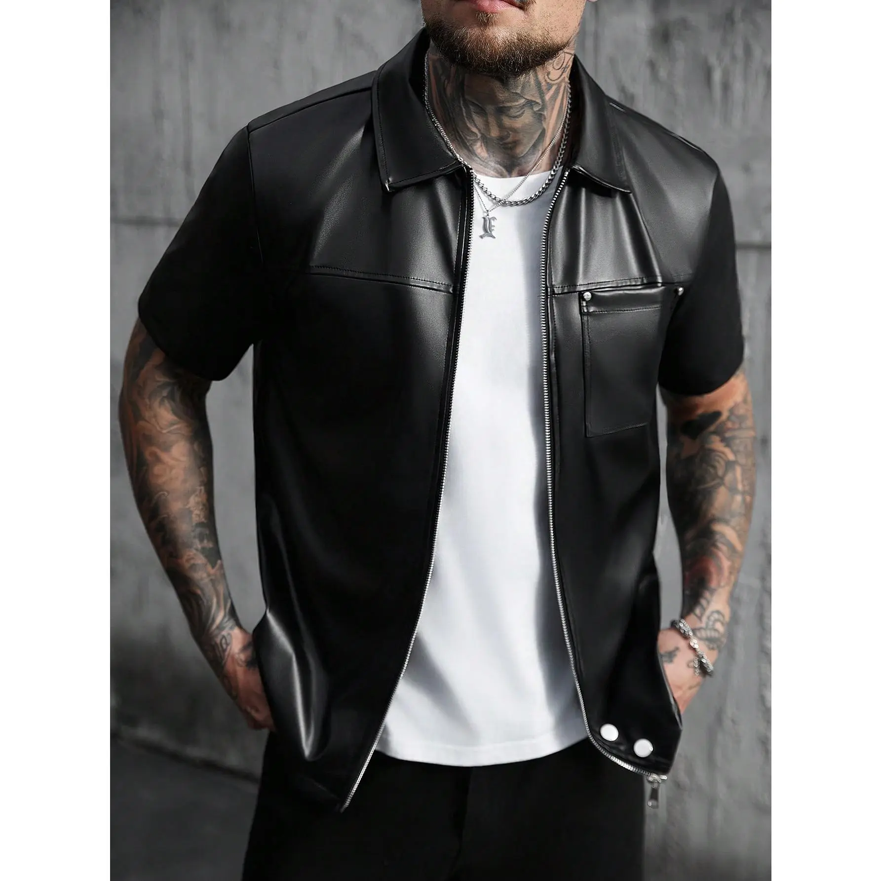 Men's Loose Fit PU Leather Front Zip Short Sleeve Shirt, Streetwear Inspired Men's Leather Shirt Men's Black Shirt,back to school,back to school shopping