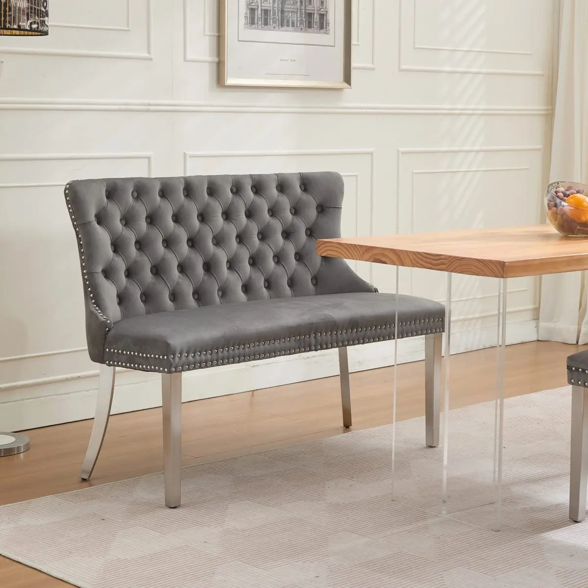 [Fahuac] Velvet Double Dining Loveseat Bench - 47 Handmade Tufted Buttons, Brushed Silver Legs, Gray, Soft Cushioned, Upholstery, Handmade Tufted Style, Handmade Tufted Benches, Soft Cushioned Benches