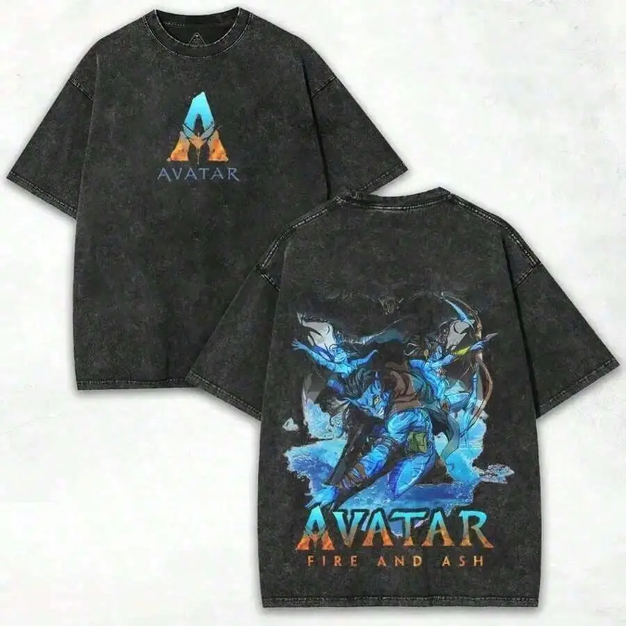 Vintage Washed Black Avatar Fire and Ash Graphic Tshirt Oversized Short Sleeve Streetwear Top with Bold Na'vi Characters and Avatar Logo Print for Grunge and Streetwear Style