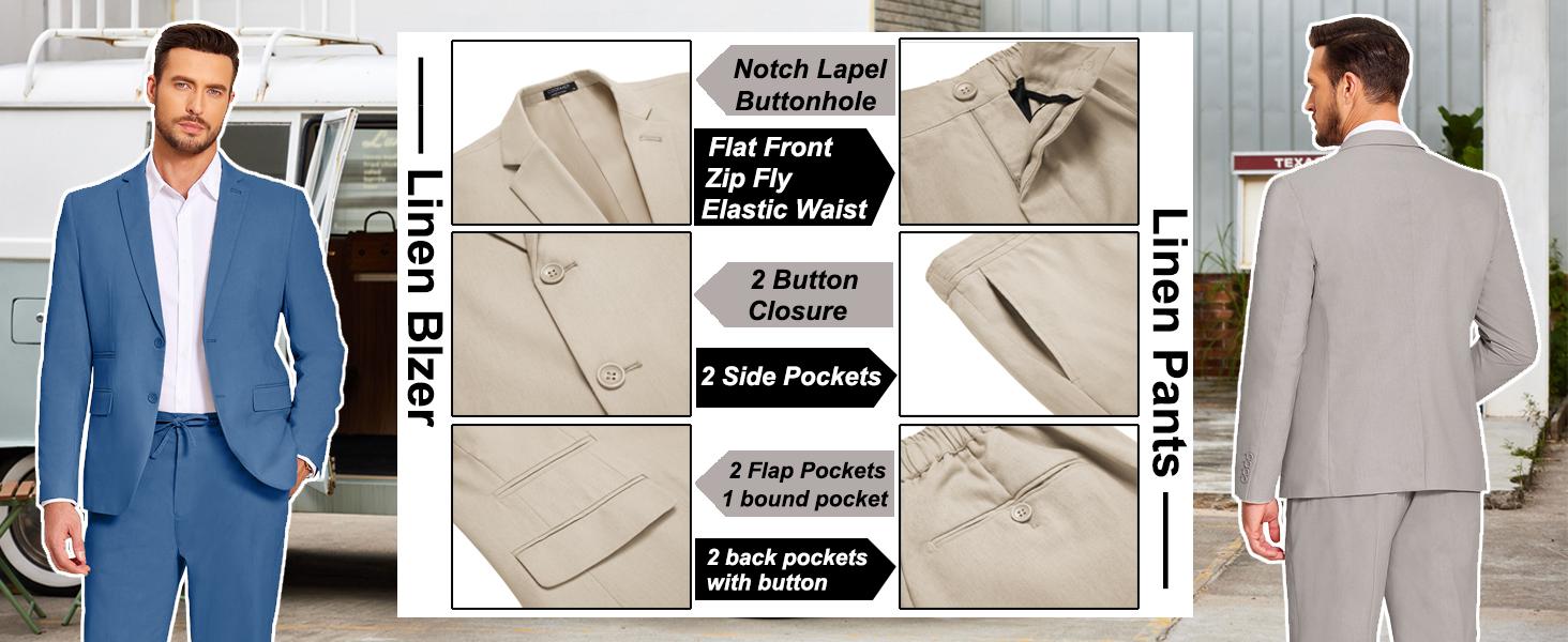 COOFANDY Men's 2 Piece Linen Suits Set Regular Fit Casual Lightweight Blazer Jacket and Pants