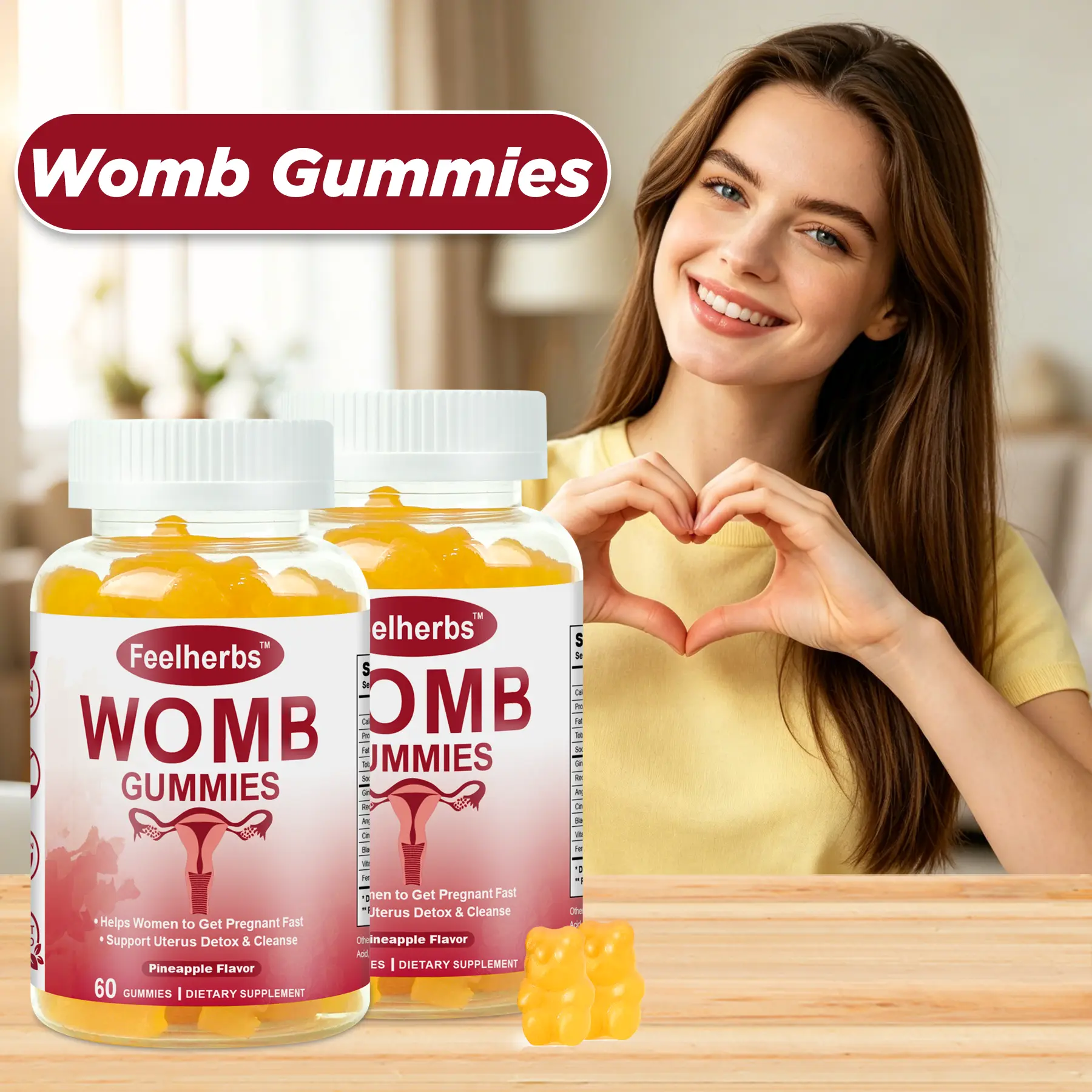 Womb Gummies for Women Wellness, Feminine Balance Fertility Vitamin Gummies, Period Cycle Support, 60 Count, Pineapple Gummies