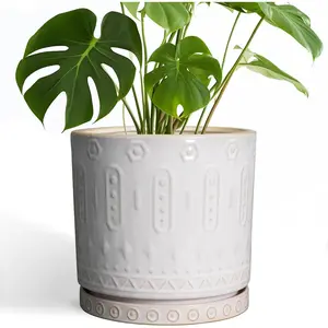 Ceramic Planter Pot - 10 Inch Plant Pot for Indoor Outdoor Plants Round Large Flower Pot with Drainage Holes and Saucer for Home Garden Patio Decor White