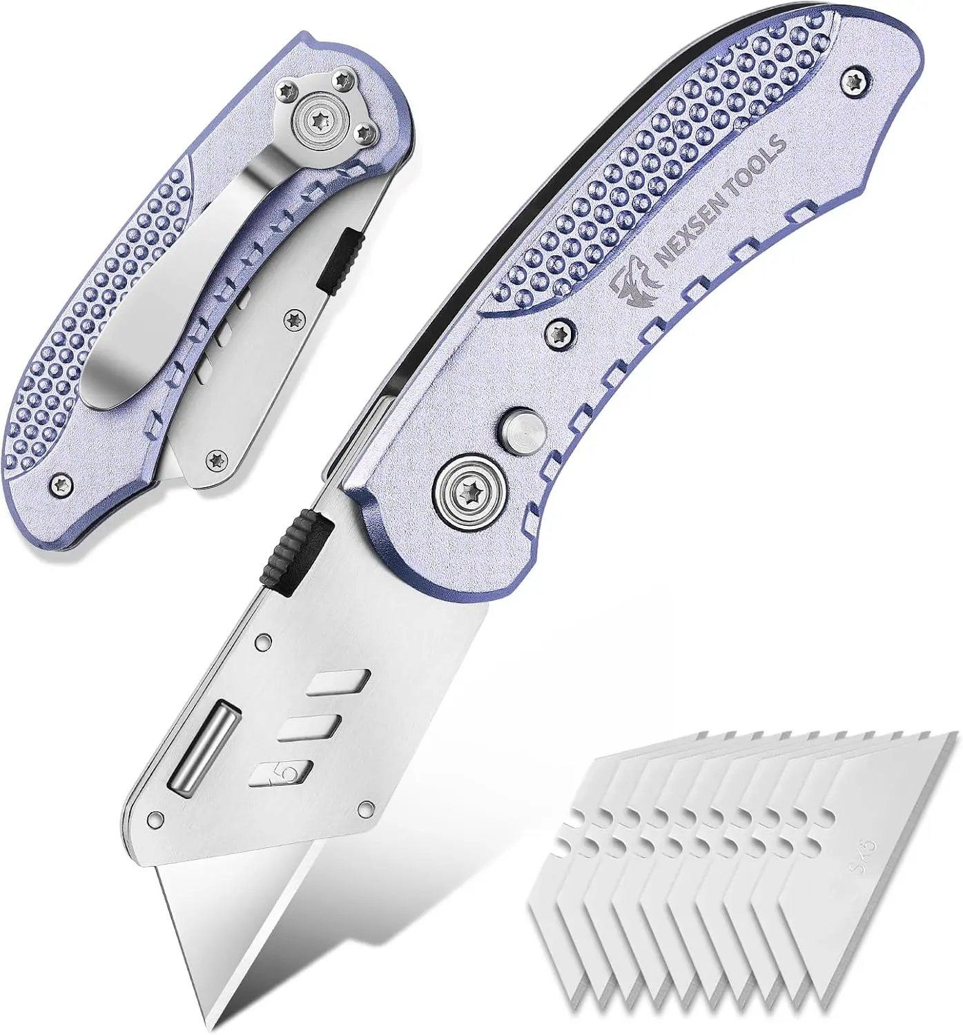 Folding Utility Knife with Portable Lightweight Aluminum Handle，Ideal Gifts for Men Women,Quick-Change Box Cutter with Belt Clip, Extra 10 SK5 Blades Included（Purple）