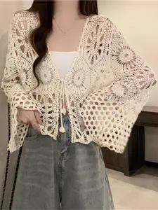 Women's Plain Hollow Out Tie Front Cardigan, Boho Bohemian Casual Long Sleeve Knitwear for Spring & Fall, Fashion Women's Knit Clothing for Daily Wear, Womenswear, Knitting