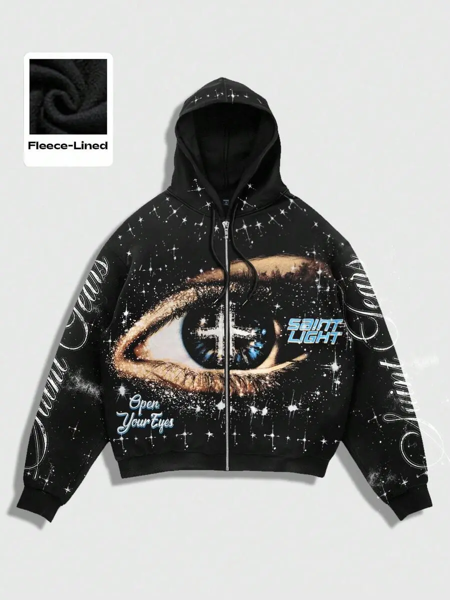 Men Street Life Spring Casual Graphic Men's Eye Minimalist Printed Long Sleeve Zip Up Hooded Sweatshirt, Fall Winter, Y2K