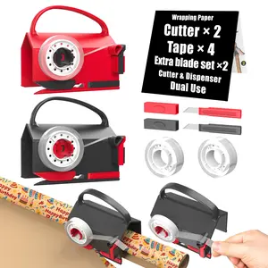 (2-Pack) Wrapping Paper Cutter & Tape Dispenser Dual Use with 4 Tapes，2 Replace Blades Kit for Christmas Gift Wrap Cutter Tool Paper Roll Holder Tube Sliding Slicing for Birthday Holiday.