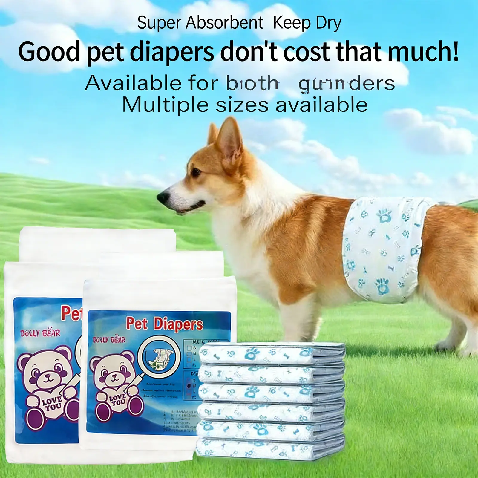 Disposable Male Dog Diapers - Leak-Proof Belly Wraps with Wetness Indicator, Rapid-Dry Gel Technology, Puppy Pads, Fast Absorption, for Excitable Urination & Incontinence, XS-Large Sizes, 40Pcs Dog Diaper, Blue Paw & Cute Cartoon Dog Design,summervibes