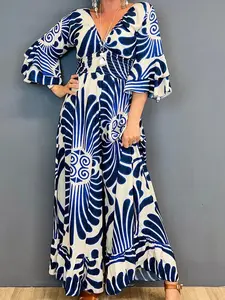 Womens Boho Printed Jumpsuit V Neck 3/4 Sleeve Flowy Loose Fit Wide Leg Romper Spring Summer Outfit Resort Vacation Beach Wear for Easter Brunch Holiday Party