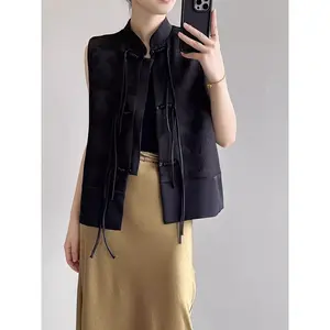New Chinese Style Stand Collar Vest Retro Button Split Vest Tang Suit Waistcoat Heavy Embroidery Layerable Vest