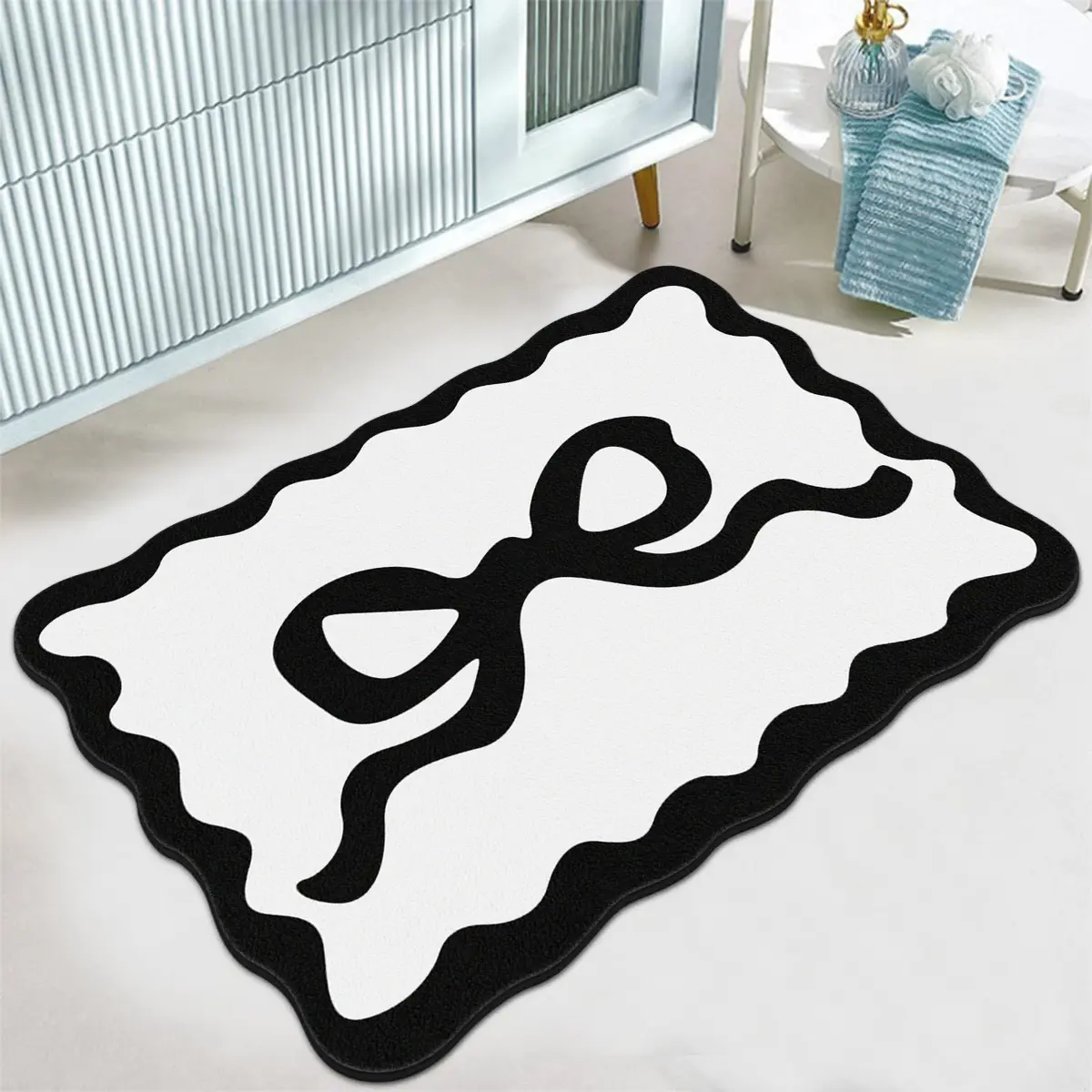 Modern Simple Cute Bow Wave Fluffy Bedroom Rug, Water Absorbent Rug, Korean Sweet Home Decor Carpet, Soft Comfortable Absorbent Non-Slip Plush Mat for Living Room Bedroom Bathroom Laundry Room