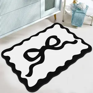 Modern Simple Cute Bow Wave Fluffy Bedroom Rug, Water Absorbent Rug, Korean Sweet Home Decor Carpet, Soft Comfortable Absorbent Non-Slip Plush Mat for Living Room Bedroom Bathroom Laundry Room