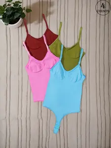 4-Piece Women's Ribbed V-Neck Bodysuit with (Sizes S-XXL) – Adjustable Thin Straps & Multi-Row Back Closure – Black/Wine Red/Brown/Apricot/Green/Blue/Pink – Suitable for Daily Wear, Commute & Layering