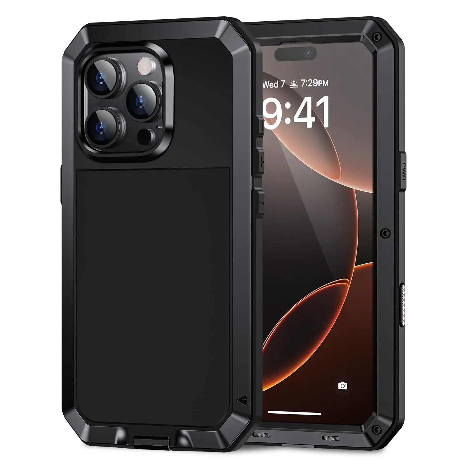 Metal Heavy Duty Shockproof Smartphone Case for iPhone 11-17 Pro Max, Handheld Cellphone Cover with Built-in Glass Screen Protector, Full Body Wireless Beach Dustproof Protective Casing