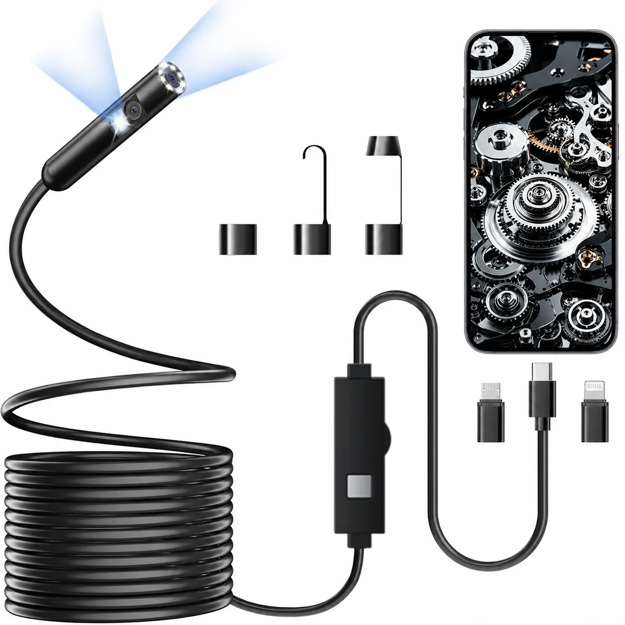 1920P HD Endoscope Camera with Light, Dual Lens Borescope Inspection Camera for iPhone & Android, 8 Adjustable LED Lights, 16.4FT Semi-Rigid Snake Camera for Auto, Pipe & Home Inspection