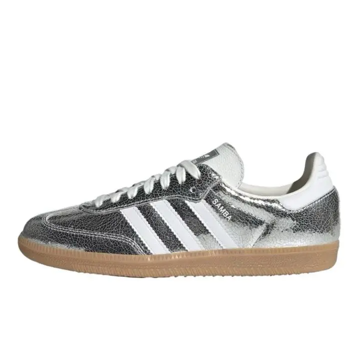 adidas Samba OG Women’s Silver Metallic Cracked Leather Casual Athletic Sports Shoes - Closed-Toe Training Footwear for Daily Wear