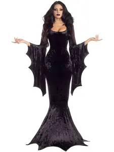 Halloween Bat Witch Ghost Bride Women's Costume, Gothic Witch Vampire Makeup Ball Gown, Performance Dress for All Seasons, Slim-Fitting Solid Pattern