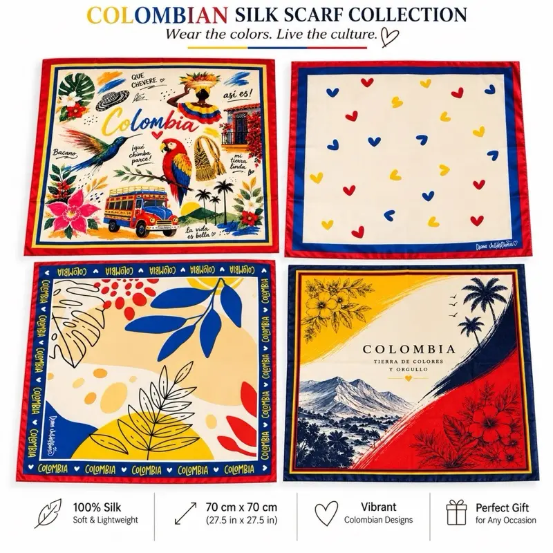 Colombian Silk Scarf - 27.5in Square Fashion Accessory for Hair and Neck with Vibrant Designs