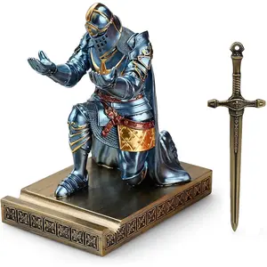 's Guard Leader Cloak Warrior Knight Pen Holder Mobile Phone Stand, Ornament Knight Statue, Pen Stand Paperweight with a Metal Sword Letter Opener for Office and Home (Blue)