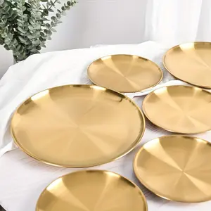 2pcs, Golden Pizza Plates, Stainless Steel Dinner Plate, Round Golden Tray, Food Serving Plate, Home Tableware, For Home Kitchen, Restaurant, Party Use