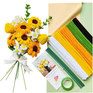 210pcs 5 Colors Pipe Cleaner Flowers DIY Craft Kit for Sunflower Bouquet, with Chenille Stems 12pcs Green Floral Wires Gardening Tape and Floral Paper