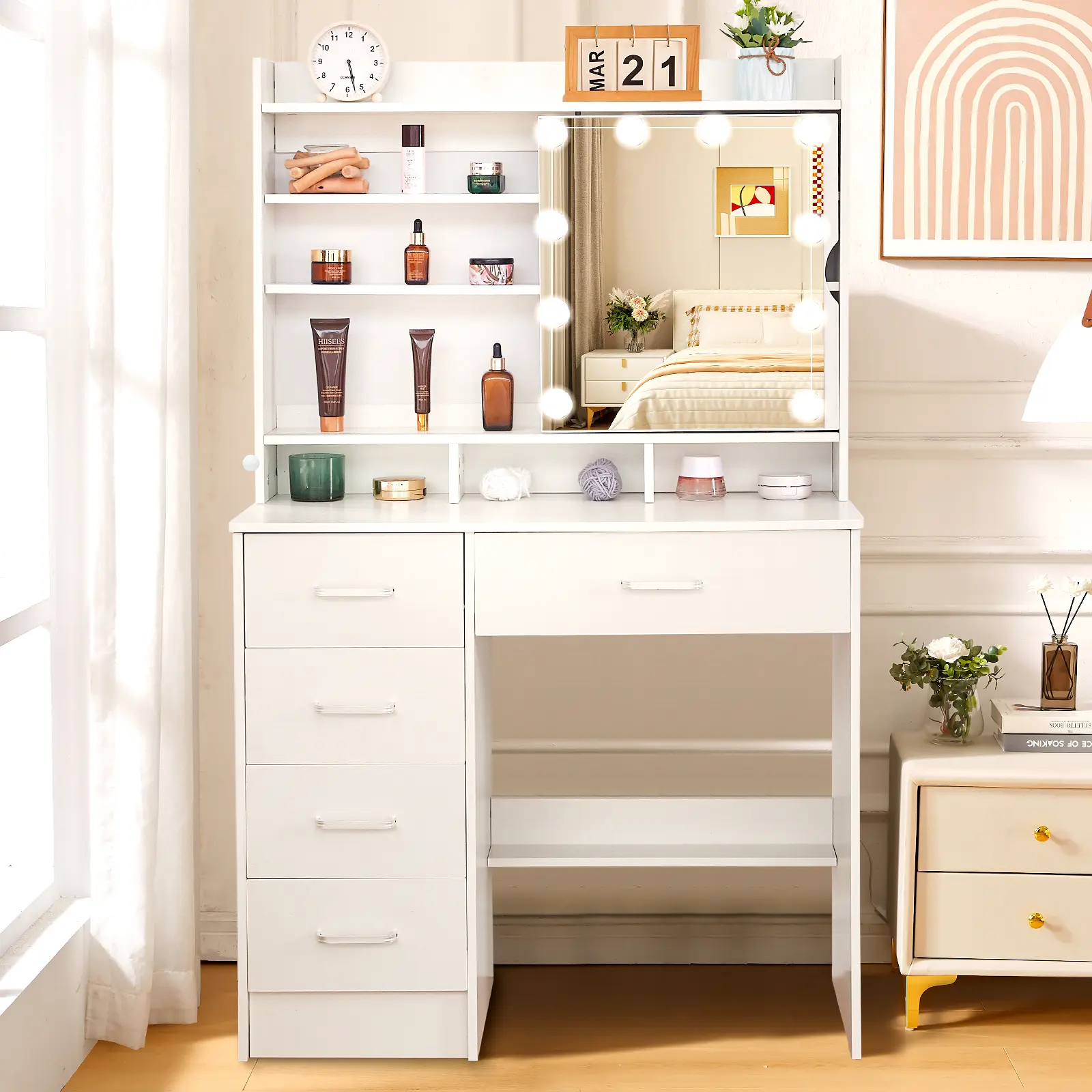 White Makeup Vanity Desk with 10 LED Lights and Glass Sliding Mirror, 5 Drawers & 6 Shelves, 3 Color Modes, for Girls Bedroom