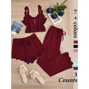 Women's 2026 Minimalist 3-Piece Basic Sleeveless Round Neck Lace Trim Pyjamas Set - Soft, Breathable Loungewear for Lady, Fashion Sleepwear with Tank Top, Shorts, Long Pants for Indoor Recreation