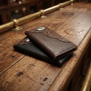 Longhorn Concho Men's Tooled Long Wallet Soft Brown Coffee Leather with Striking Longhorn Concho Checkbook Style Ultra Strong Stitching Western Charm